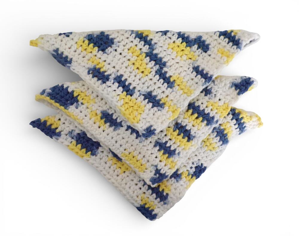 (3) Handmade Crocheted Dishcloths Washcloths 100% Cotton Iced Navy Ombre